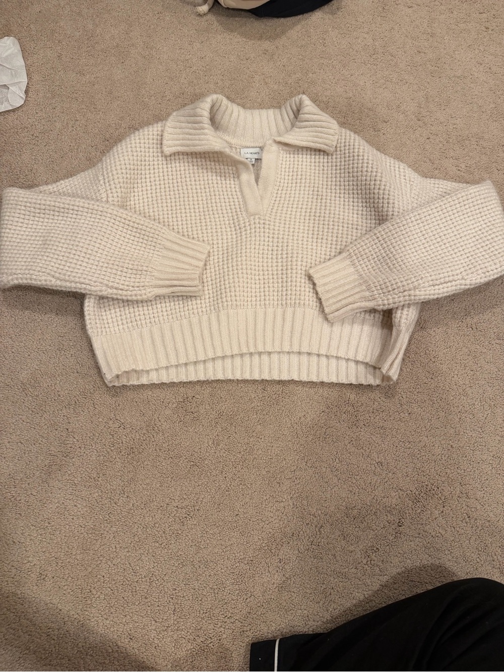 La Hearts Cream Polo-Style Cropped Cowl Sweater